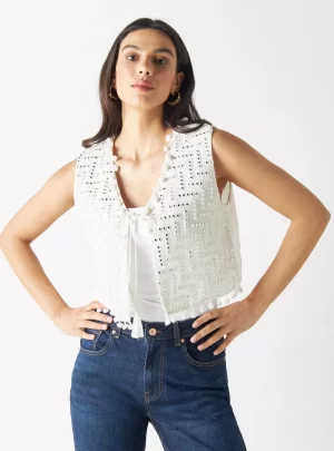 Embellished Sleeveless Crop Jacket with Tie-Ups