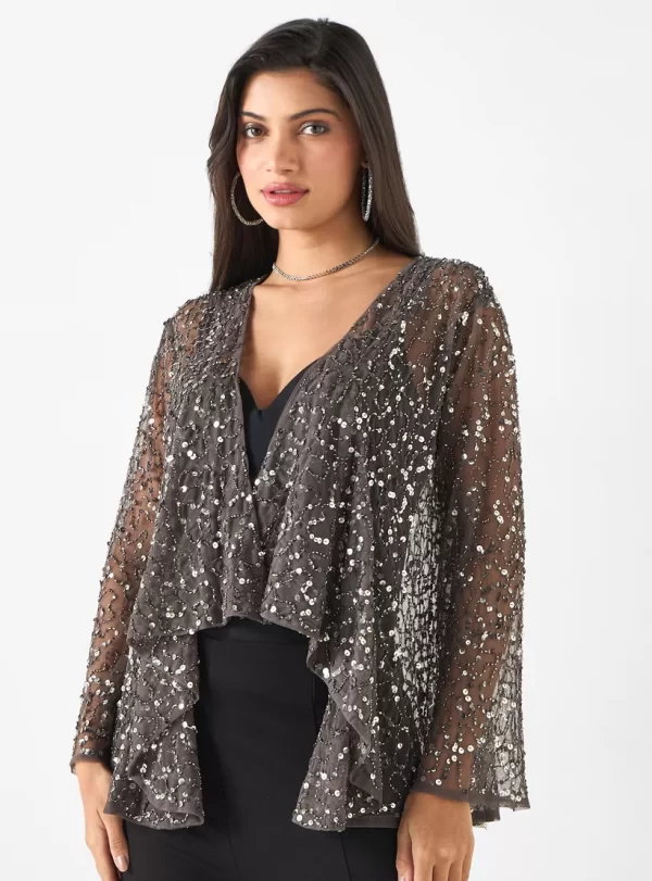 All-Over Embellished Asymmetric Open Front Shrug