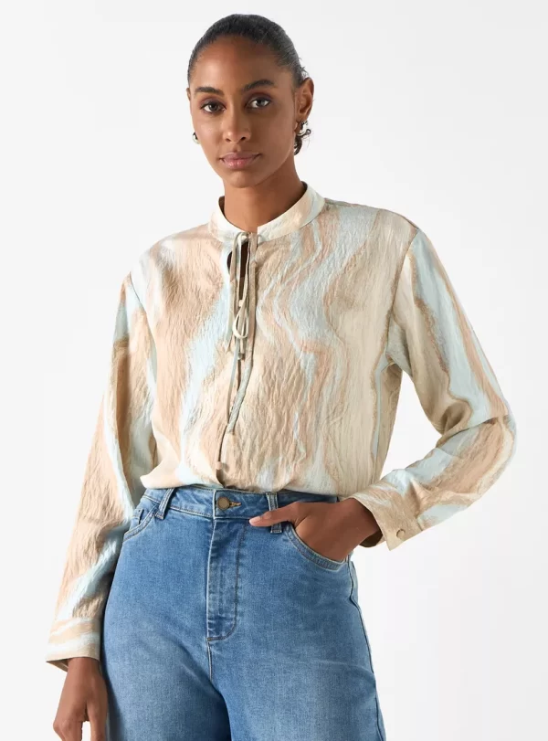 Printed Top with Mandarin Collar and Long Sleeves