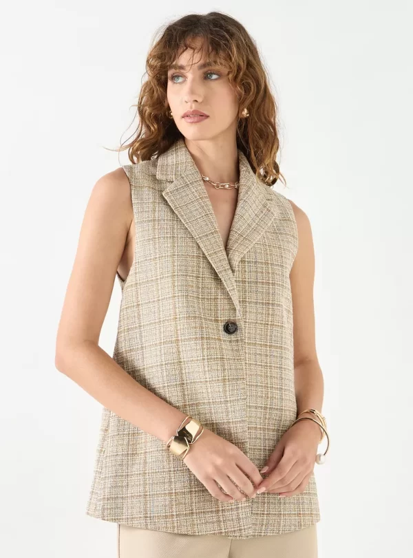 Checked Sleeveless Jacket with Notch Lapel