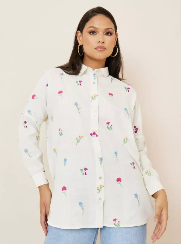 Styli Limited All Over Embroidered Linen Look Longline Shirt