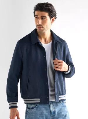 Striped Collared Varsity Jacket with Long Sleeves and Button Closure