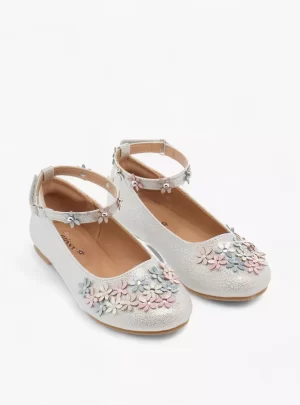 Little Missy Floral Embellished Ballerina Shoes with Hook and Loop Closure