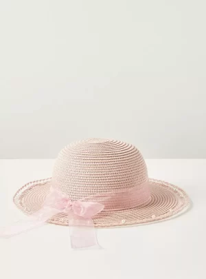 Juniors Weave Textured Hat with Ribbon Detail